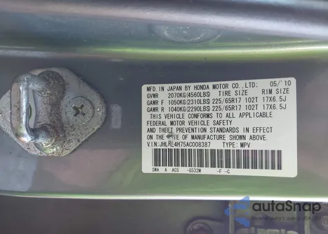 2010 Honda Cr-V Ex-L z USA, uszkodzony, nr VIN JHLRE4H75AC008387